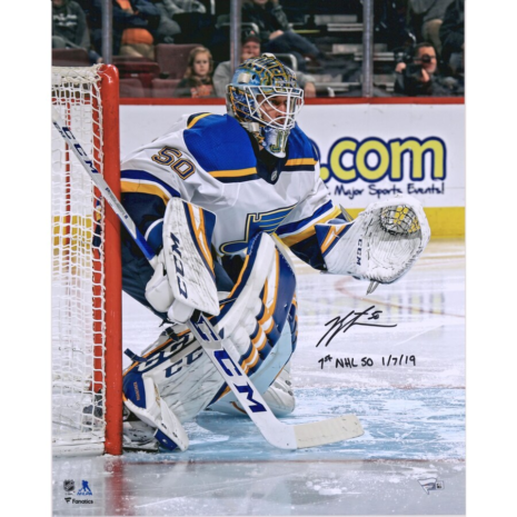 Jordan Binnington St. Louis Blues Fanatics Authentic Autographed 16_ x 20_ Photograph with _1st NHL SO 1_7_19_ Inscription
