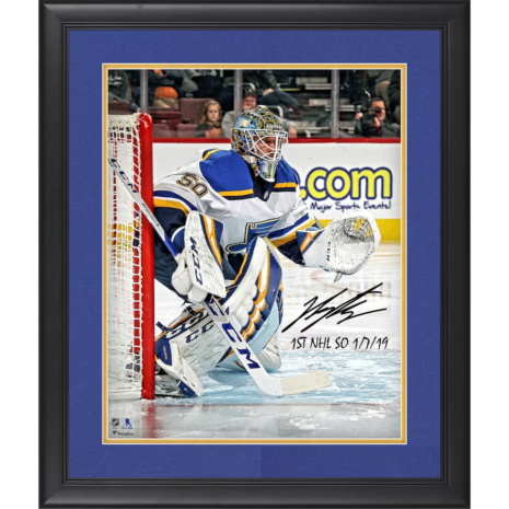 Jordan Binnington St. Louis Blues Fanatics Authentic Framed Autographed 16_ x 20_ Photograph with _1st NHL SO 1_7_19_ Inscription Jordan Binnington St. Louis Blues Fanatics Authentic Framed Autographed 16_ x 20_ Photograph with _1st NHL SO 1_7_19_ Inscription