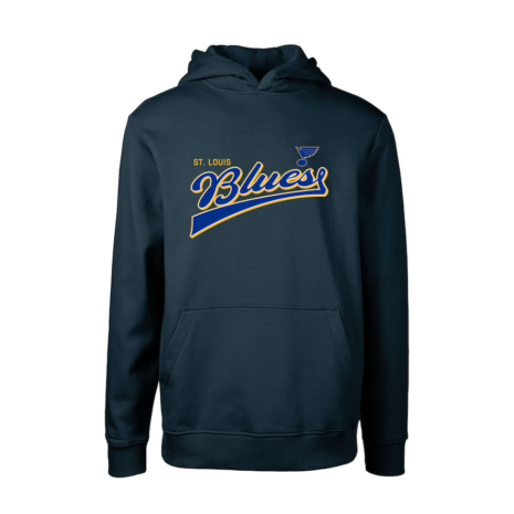 Levelwear St. Louis Blues Youth Navy Podium Retro Script Fleece Pullover Hoodie